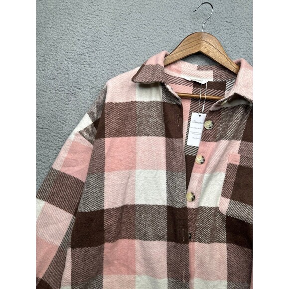 Flannel shacket viral tik tok pink brown plaid sz large Nwt - Picture 2 of 6